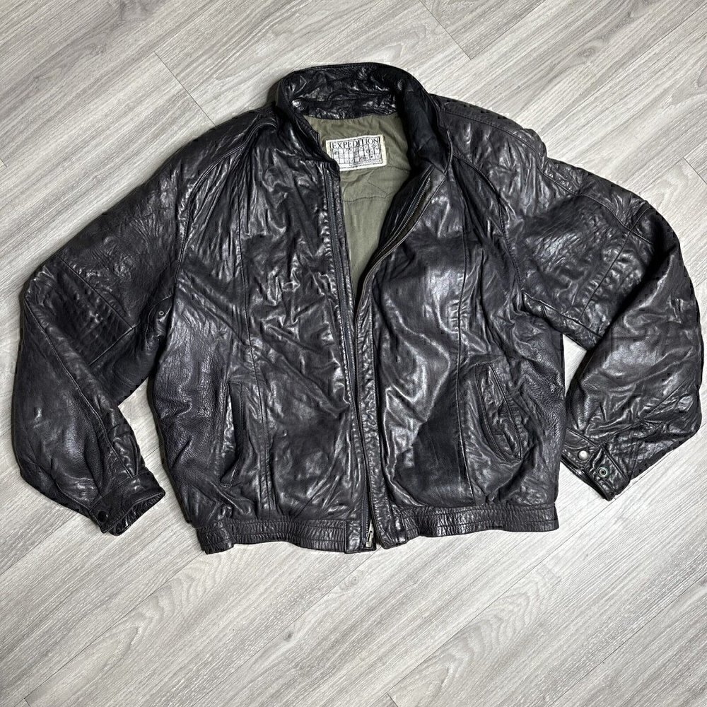 Expedition by Robert Comstock Brown/Black Genuine Leather Bomber Jacket Size 42